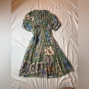 ZARA Patchwork Floral Boho Midi Dress Green Blue Size XL